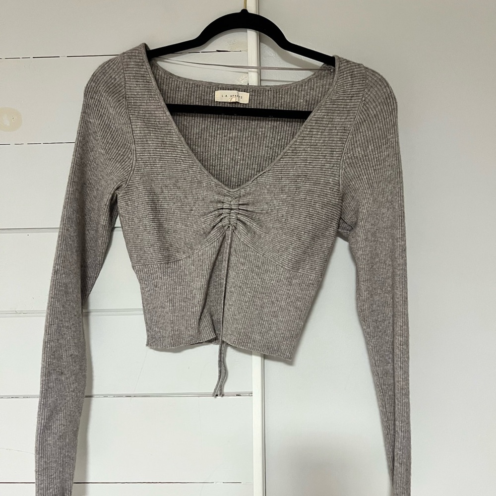 La Hearts Charcoal Ribbed V-Neck Blouse